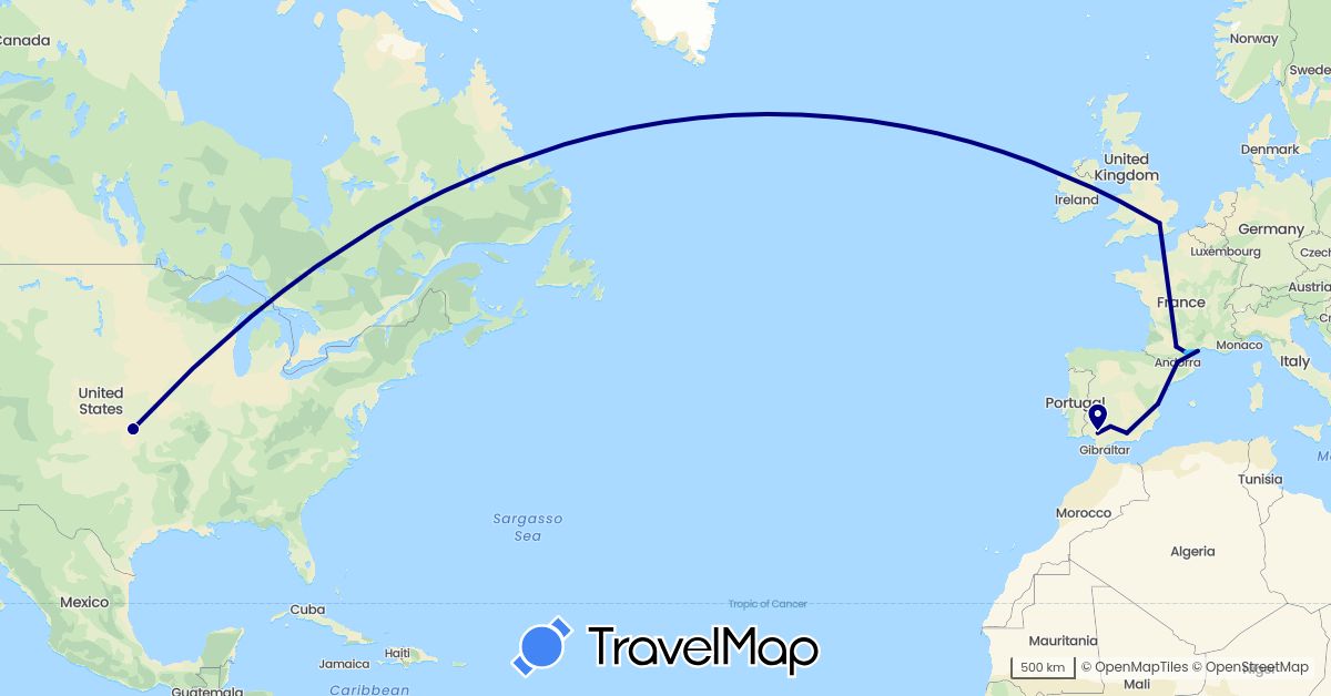 TravelMap itinerary: driving, boat in Andorra, Spain, France, United Kingdom, United States (Europe, North America)